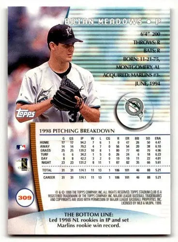 Brian Meadows Florida baseball card from 1999 Stadium Club #309 featuring Meadows Florida Marlins player