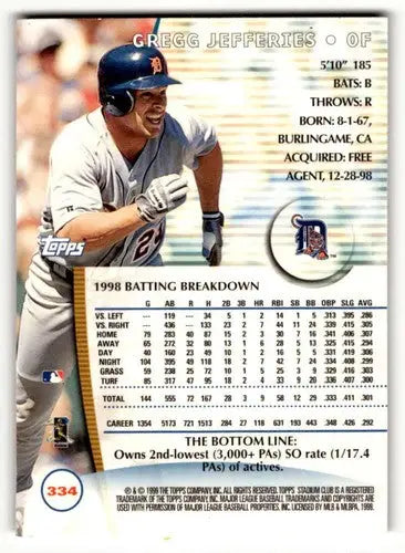 Original gloss Gregg Jefferies Detroit Tigers baseball card from 1999 Stadium Club #334