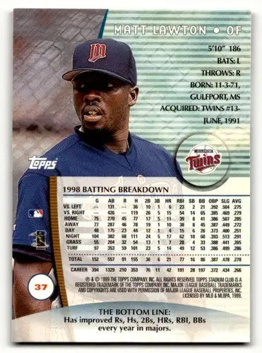 Original gloss 1999 Stadium Club Matt Lawton Minnesota Twins baseball card showing Lawton minnesota twins