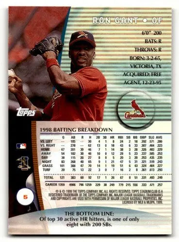Ron Gant Cardinals baseball cards 1999 Stadium Club #5 baseball card front view