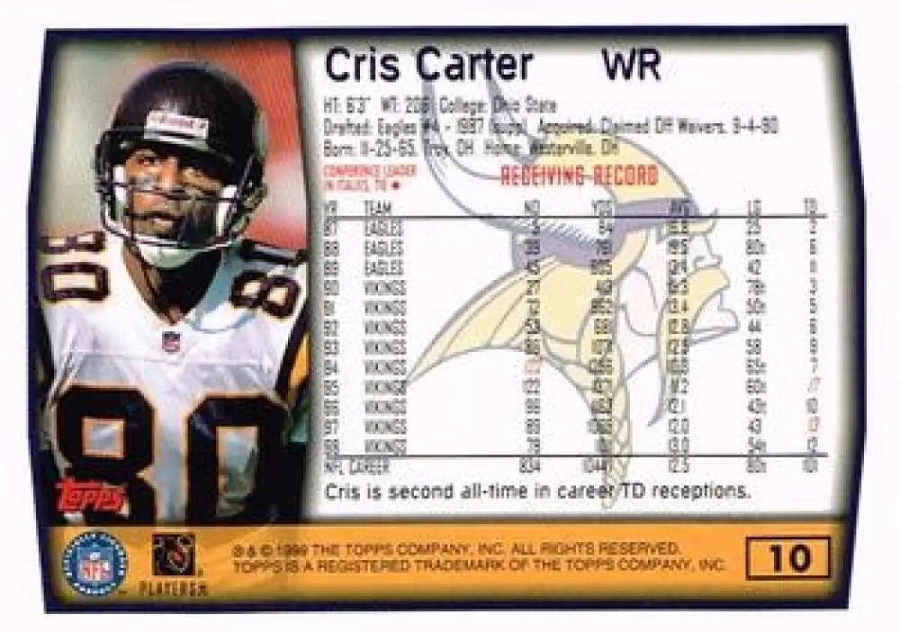 1999 Topps #10 Cris Carter EX Excellent Minnesota Vikings Football Card - Football Card Single