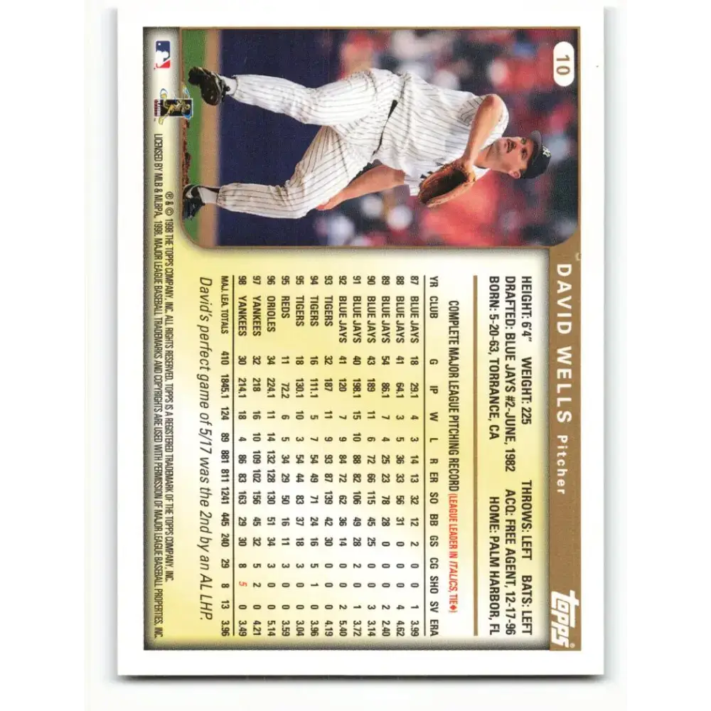 1999 Topps #10 David Wells NM-MT New York Yankees Baseball Card - Baseball Card Single