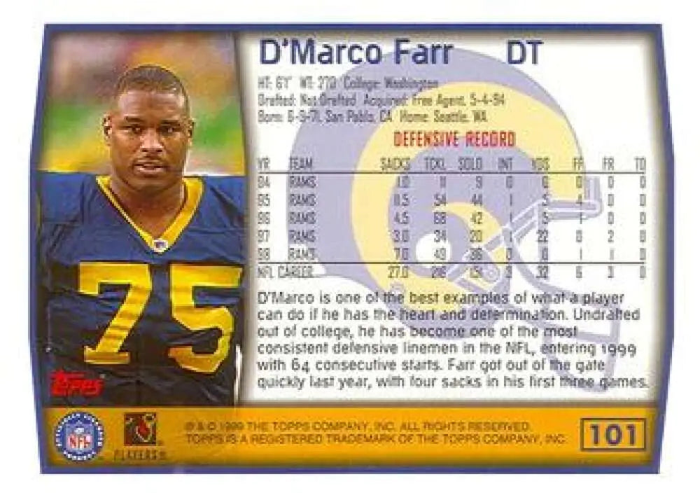 1999 Topps #101 D’Marco Farr EX Excellent St. Louis Rams Football Card - Football Card Single