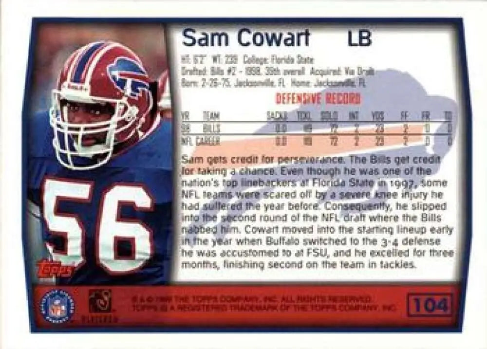 1999 Topps #104 Sam Cowart EX Excellent Buffalo Bills Football Card - Football Card Single