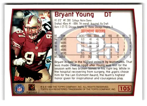 Bryant Young football card with original gloss, 1999 Topps mint 49ers collectible