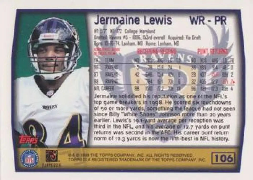 1999 Topps #106 Jermaine Lewis EX Excellent Baltimore Ravens Football Card - Football Card Single