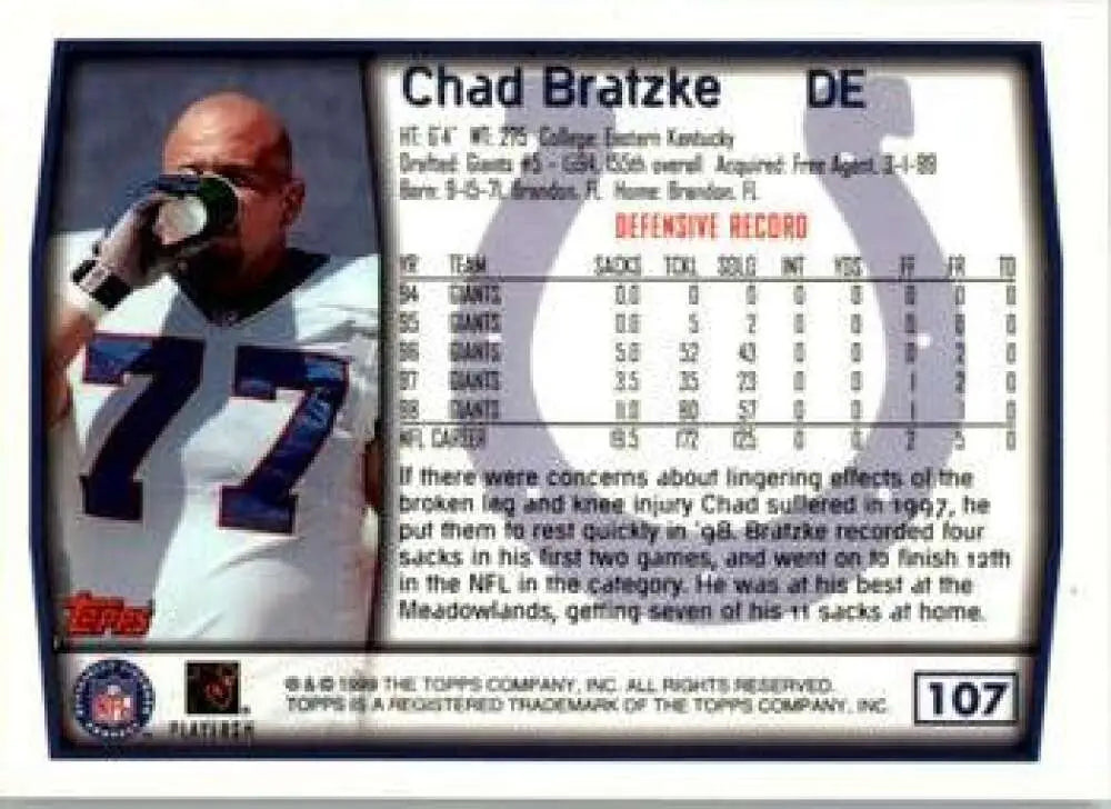 1999 Topps #107 Chad Bratzke EX Excellent Indianapolis Colts Football Card - Football Card Single