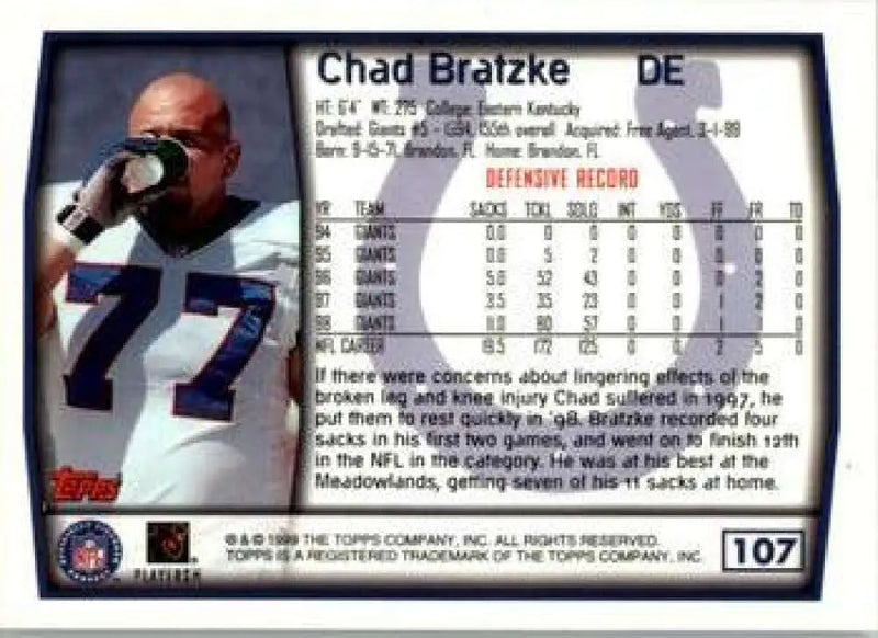 1999 Topps #107 Chad Bratzke EX Excellent Indianapolis Colts Football Card - Football Card Single
