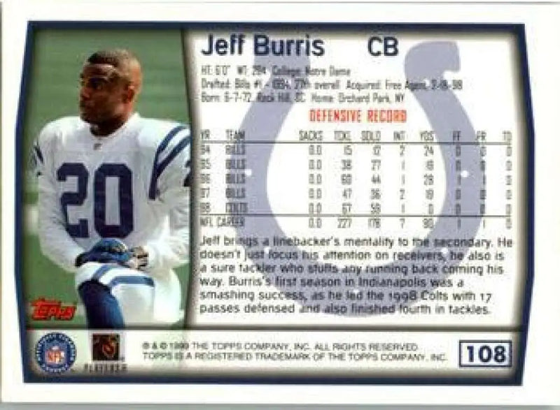 1999 Topps #108 Jeff Burris EX Excellent Indianapolis Colts Football Card - Football Card Single
