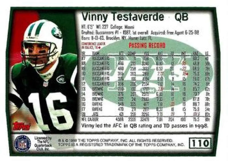 1999 Topps #110 Vinny Testaverde EX Excellent New York Jets Football Card - Football Card Single