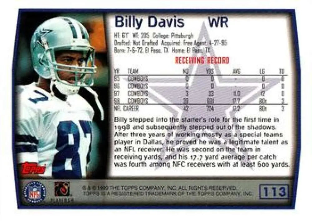 1999 Topps #113 Billy Davis EX Excellent Dallas Cowboys Football Card - Football Card Single