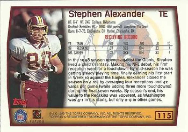 1999 Topps #115 Stephen Alexander EX Excellent Washington Redskins Football Card - Football Card Single