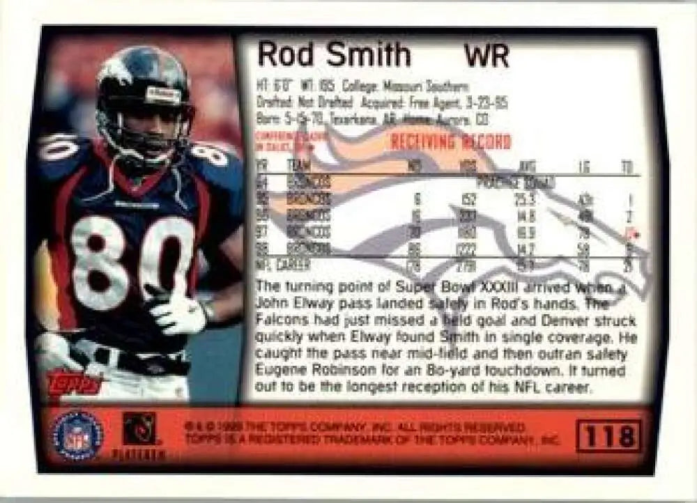 1999 Topps #118 Rod Smith EX Excellent Denver Broncos Football Card - Football Card Single
