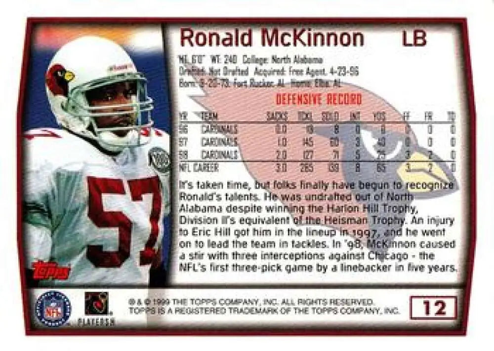 1999 Topps #12 Ronald McKinnon EX Excellent Arizona Cardinals Football Card - Football Card Single