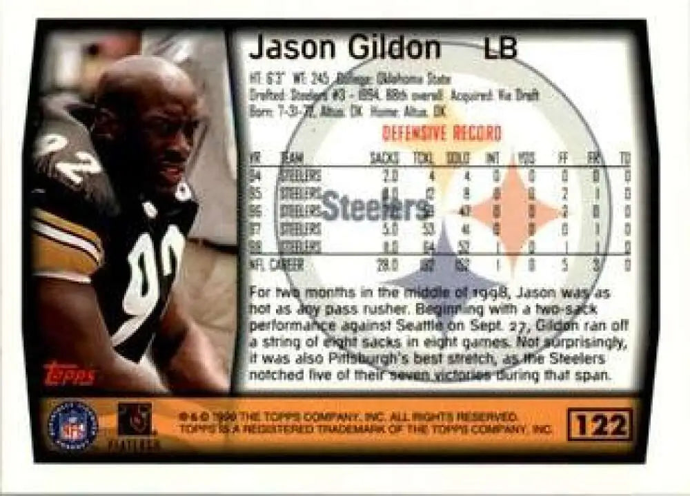1999 Topps #122 Jason Gildon EX Excellent Pittsburgh Steelers Football Card - Football Card Single