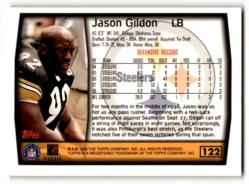 Jason Gildon football card with original gloss from 1999 Topps Steelers product