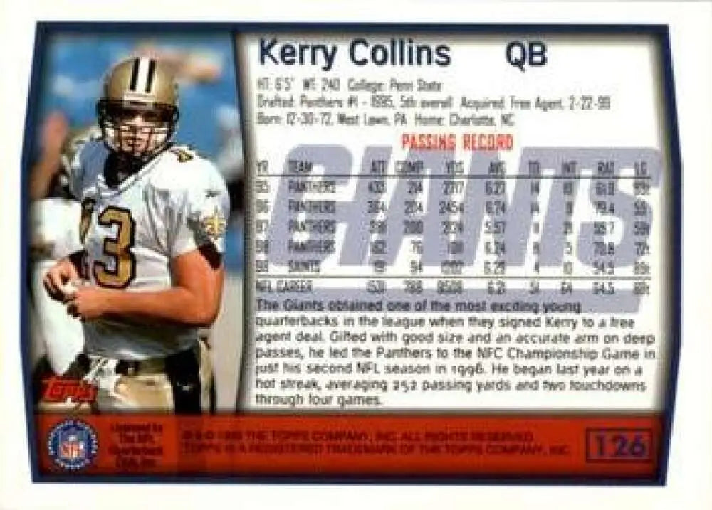 1999 Topps #126 Kerry Collins EX Excellent New York Giants Football Card - Football Card Single