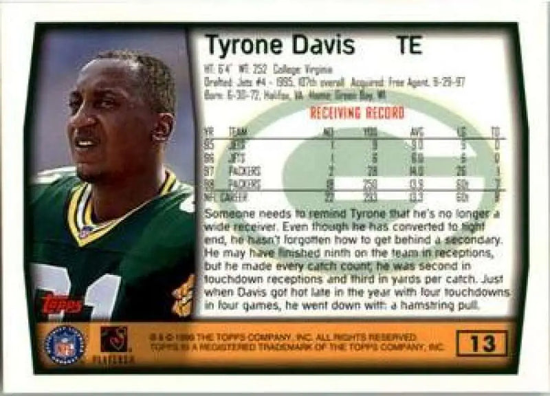 1999 Topps #13 Tyrone Davis EX Excellent Green Bay Packers Football Card - Football Card Single