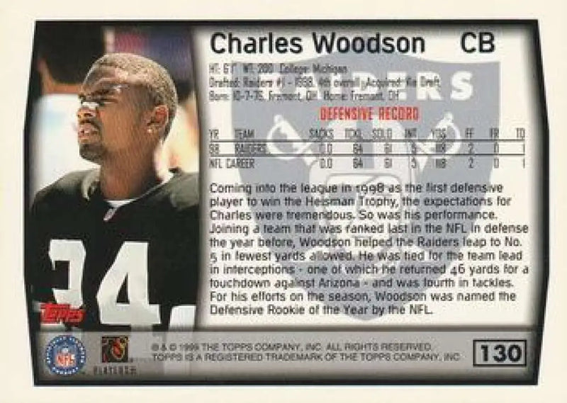 1999 Topps #130 Charles Woodson EX Excellent Oakland Raiders Football Card - Football Card Single