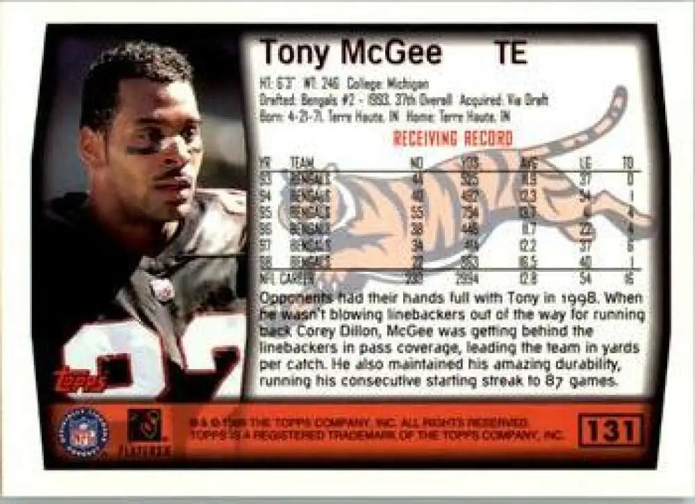 1999 Topps #131 Tony McGee EX Excellent Cincinnati Bengals Football Card - Football Card Single