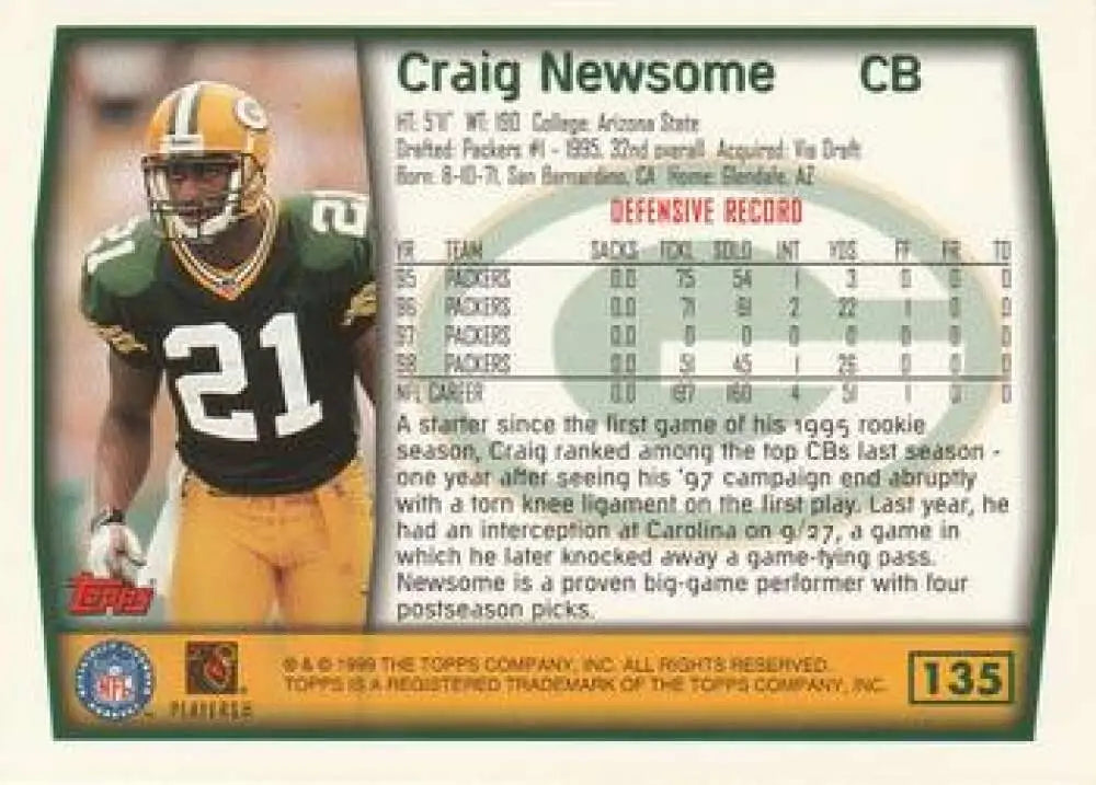 1999 Topps #135 Craig Newsome EX Excellent Green Bay Packers Football Card - Football Card Single