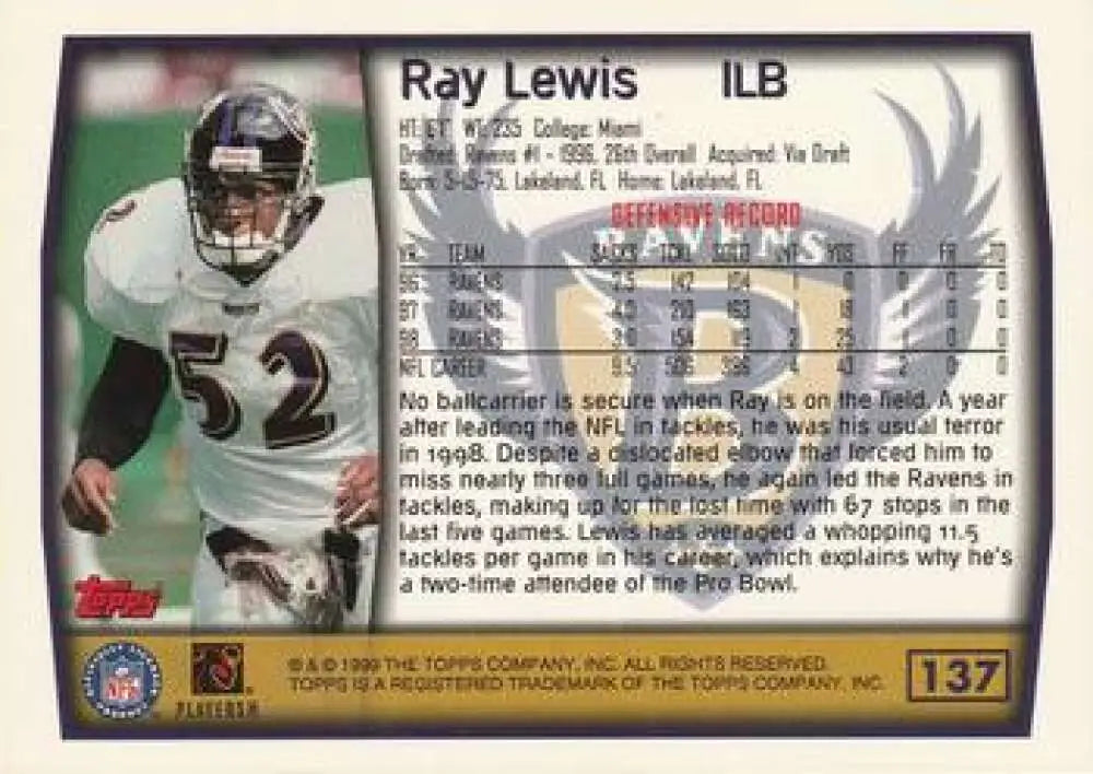 1999 Topps #137 Ray Lewis EX Excellent Baltimore Ravens Football Card - Football Card Single