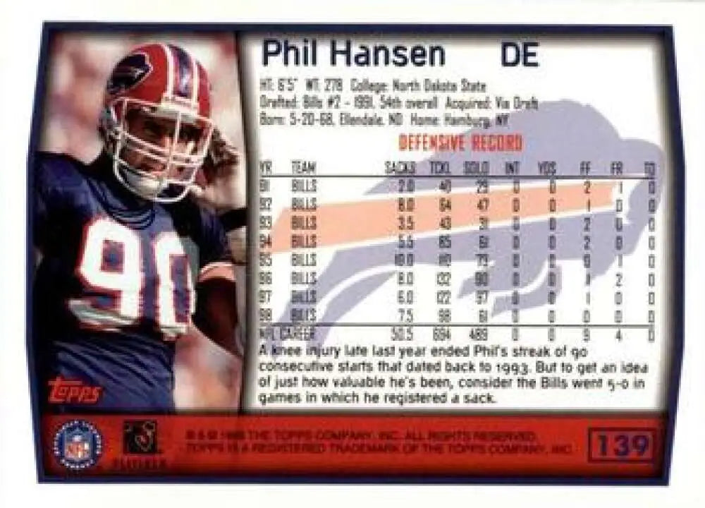 1999 Topps #139 Phil Hansen EX Excellent Buffalo Bills Football Card - Football Card Single