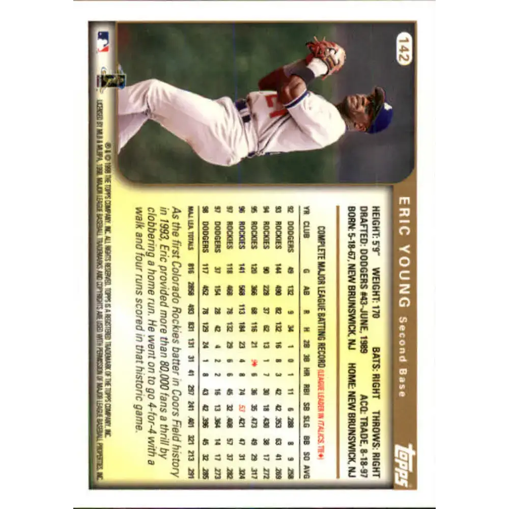 1999 Topps #142 Eric Young NM-MT Los Angeles Dodgers Baseball Card - Baseball Card Single