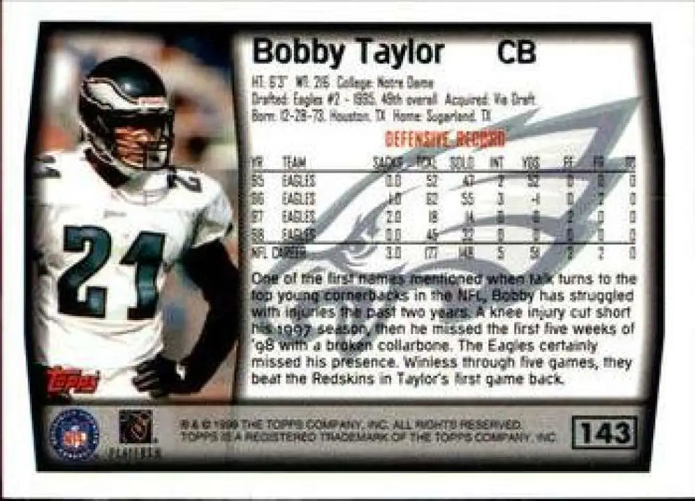 1999 Topps #143 Bobby Taylor EX Excellent Philadelphia Eagles Football Card - Football Card Single