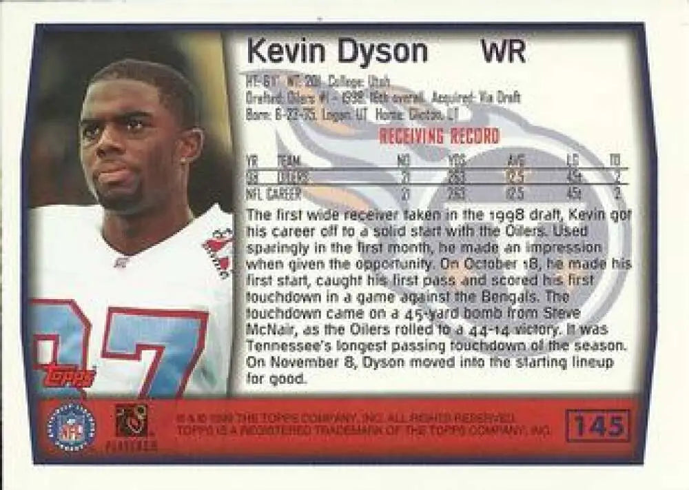 1999 Topps #145 Kevin Dyson EX Excellent Tennessee Titans Football Card - Football Card Single
