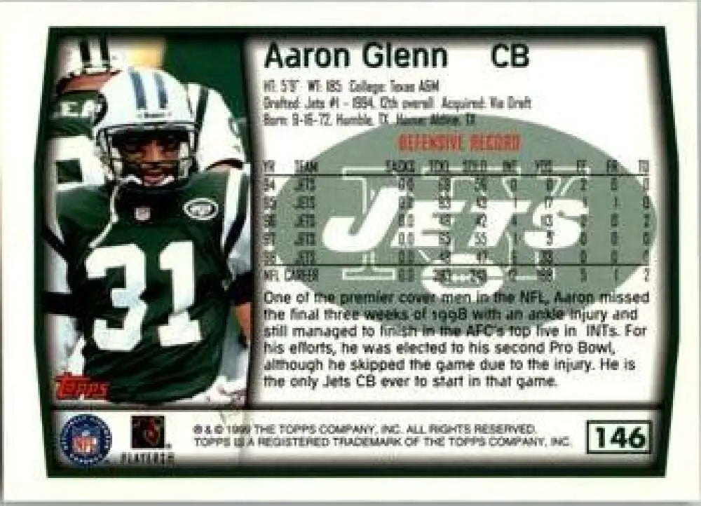 1999 Topps #146 Aaron Glenn EX Excellent New York Jets Football Card - Football Card Single