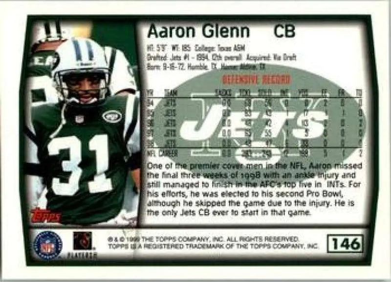 1999 Topps #146 Aaron Glenn EX Excellent New York Jets Football Card - Football Card Single