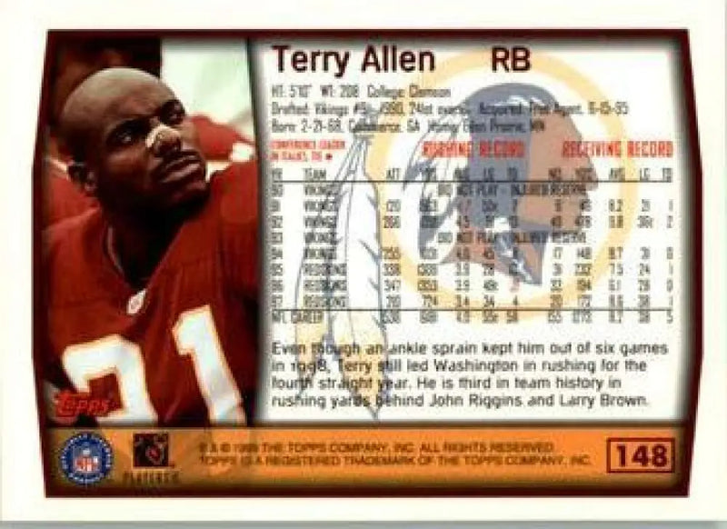 1999 Topps #148 Terry Allen EX Excellent Washington Redskins Football Card - Football Card Single