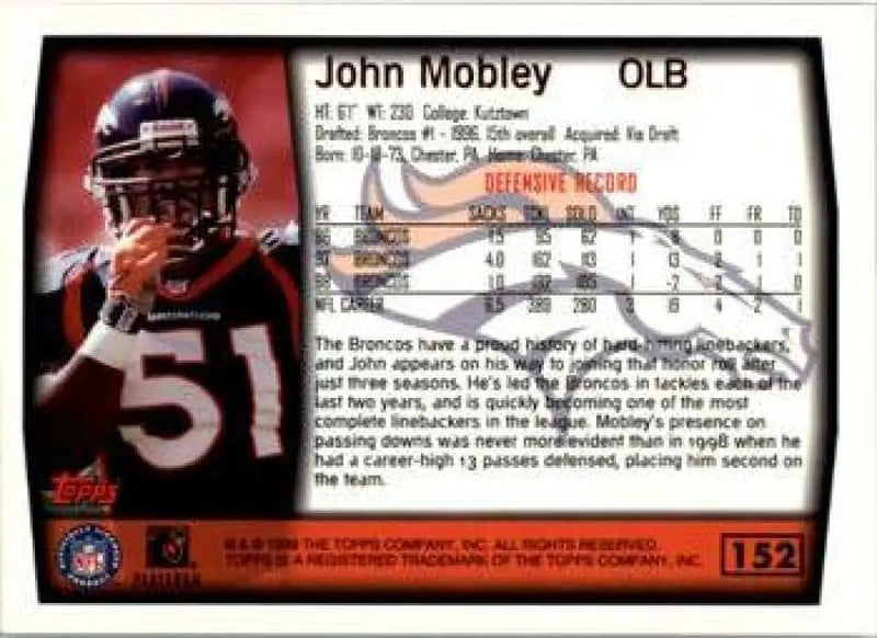 1999 Topps #152 John Mobley EX Excellent Denver Broncos Football Card - Football Card Single