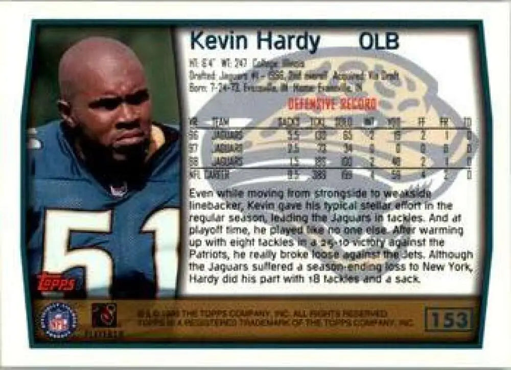 1999 Topps #153 Kevin Hardy EX Excellent Jacksonville Jaguars Football Card - Football Card Single