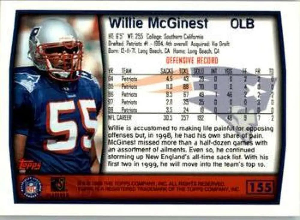 1999 Topps #155 Willie McGinest EX Excellent New England Patriots Football Card - Football Card Single