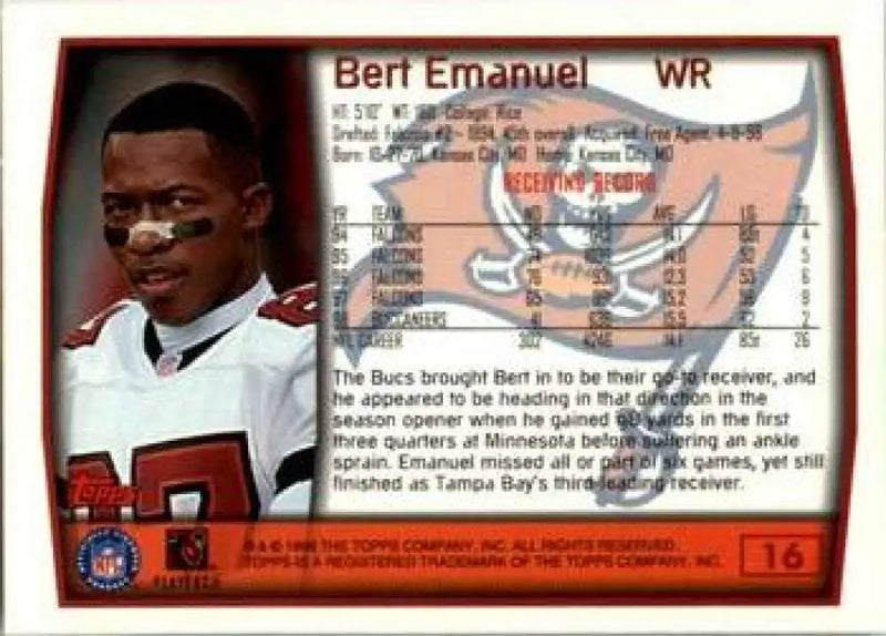 1999 Topps #16 Bert Emanuel EX Excellent Tampa Bay Buccaneers Football Card - Football Card Single
