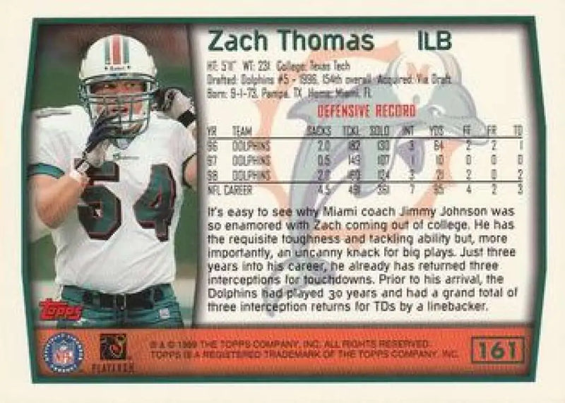 1999 Topps #161 Zach Thomas EX Excellent Miami Dolphins Football Card - Football Card Single
