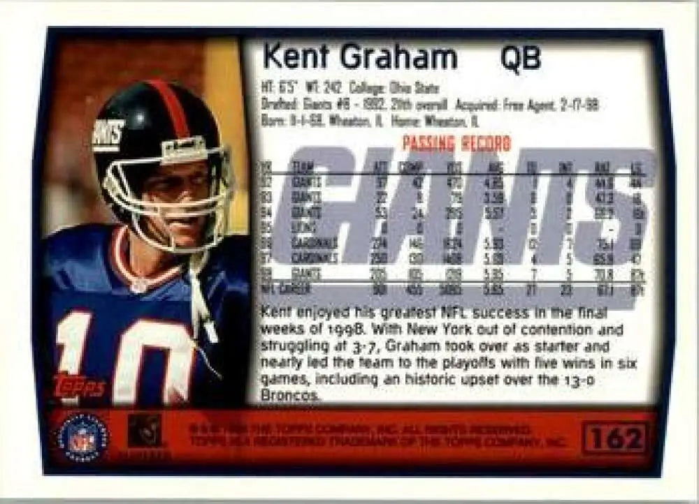 1999 Topps #162 Kent Graham EX Excellent New York Giants Football Card - Football Card Single