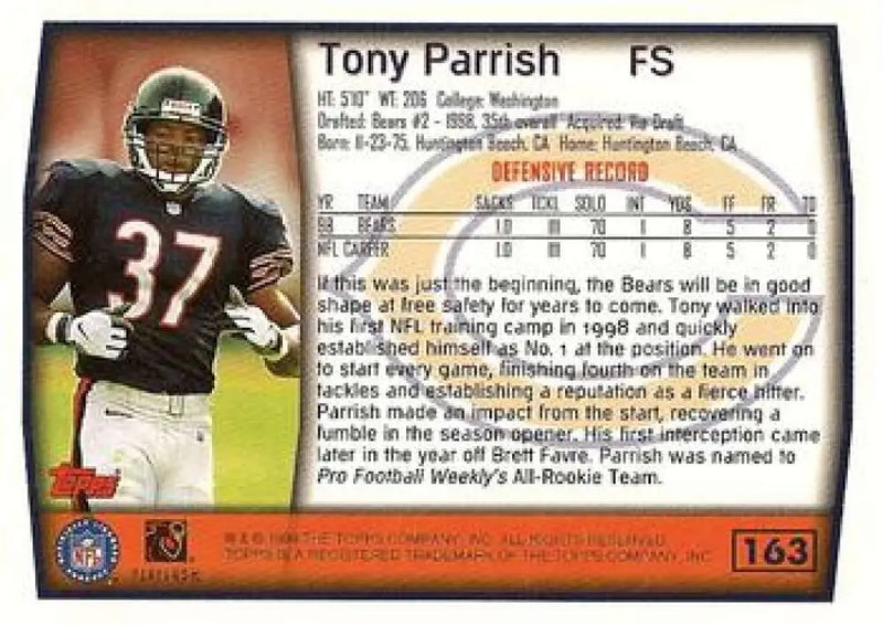 1999 Topps #163 Tony Parrish EX Excellent Chicago Bears Football Card - Football Card Single