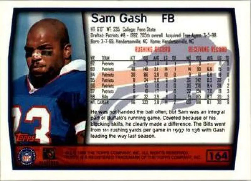 1999 Topps #164 Sam Gash EX Excellent Buffalo Bills Football Card - Football Card Single
