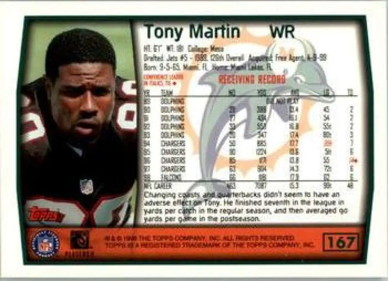 1999 Topps #167 Tony Martin EX Excellent Miami Dolphins Football Card - Football Card Single