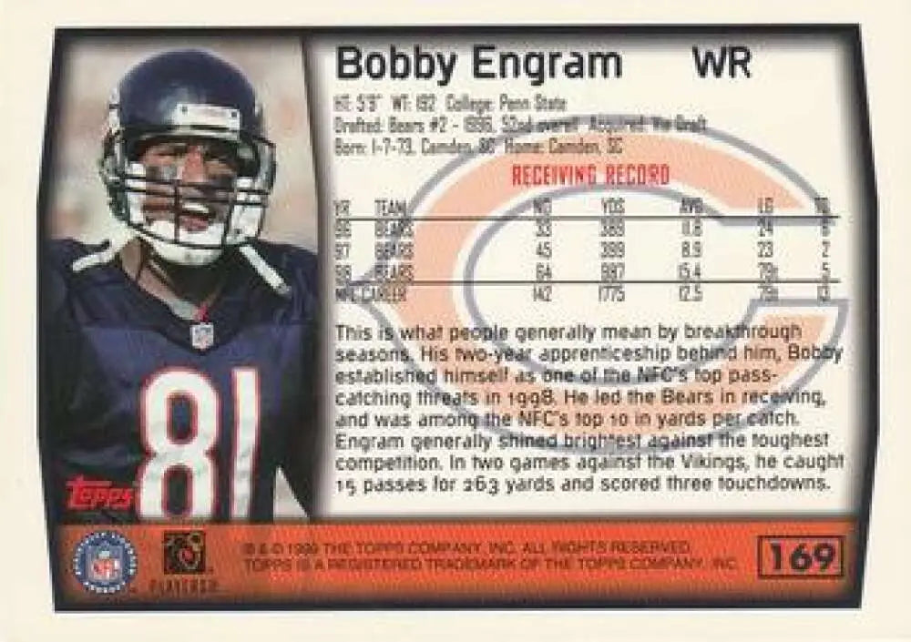 1999 Topps #169 Bobby Engram EX Excellent Chicago Bears Football Card - Football Card Single