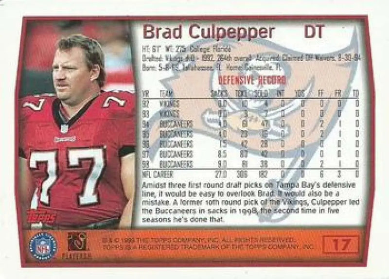 1999 Topps #17 Brad Culpepper EX Excellent Tampa Bay Buccaneers Football Card - Football Card Single