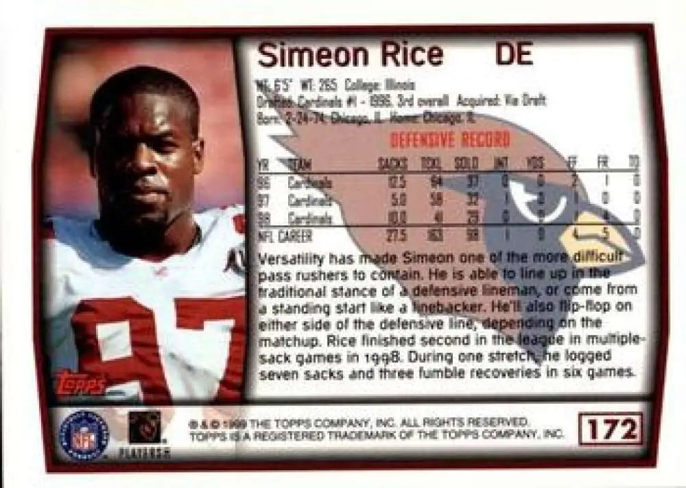 1999 Topps #172 Simeon Rice EX Excellent Arizona Cardinals Football Card - Football Card Single