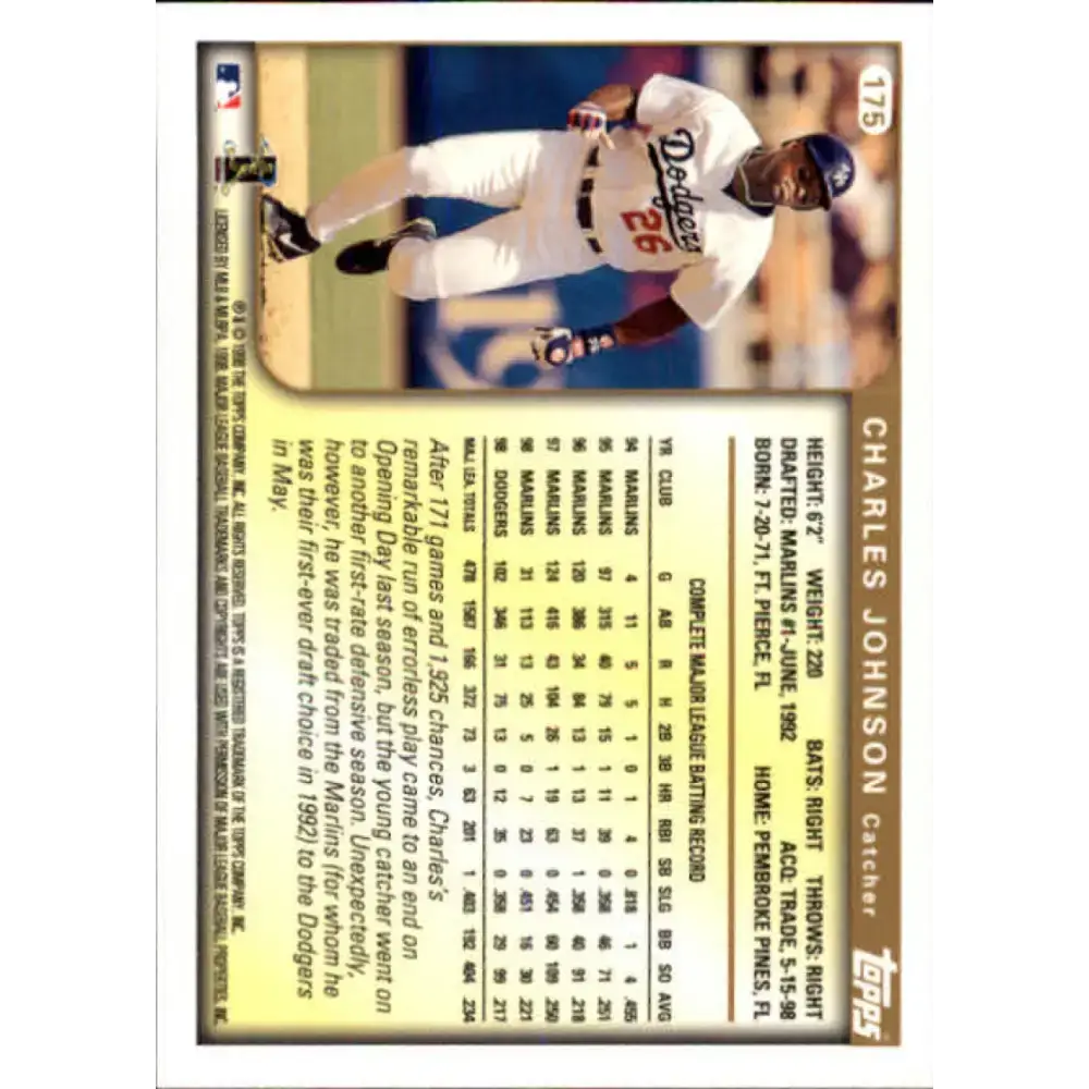 1999 Topps #175 Charles Johnson NM-MT Los Angeles Dodgers Baseball Card - Baseball Card Single