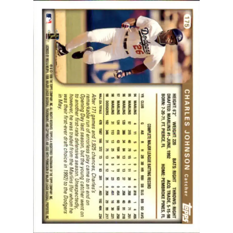 1999 Topps #175 Charles Johnson NM-MT Los Angeles Dodgers Baseball Card - Baseball Card Single