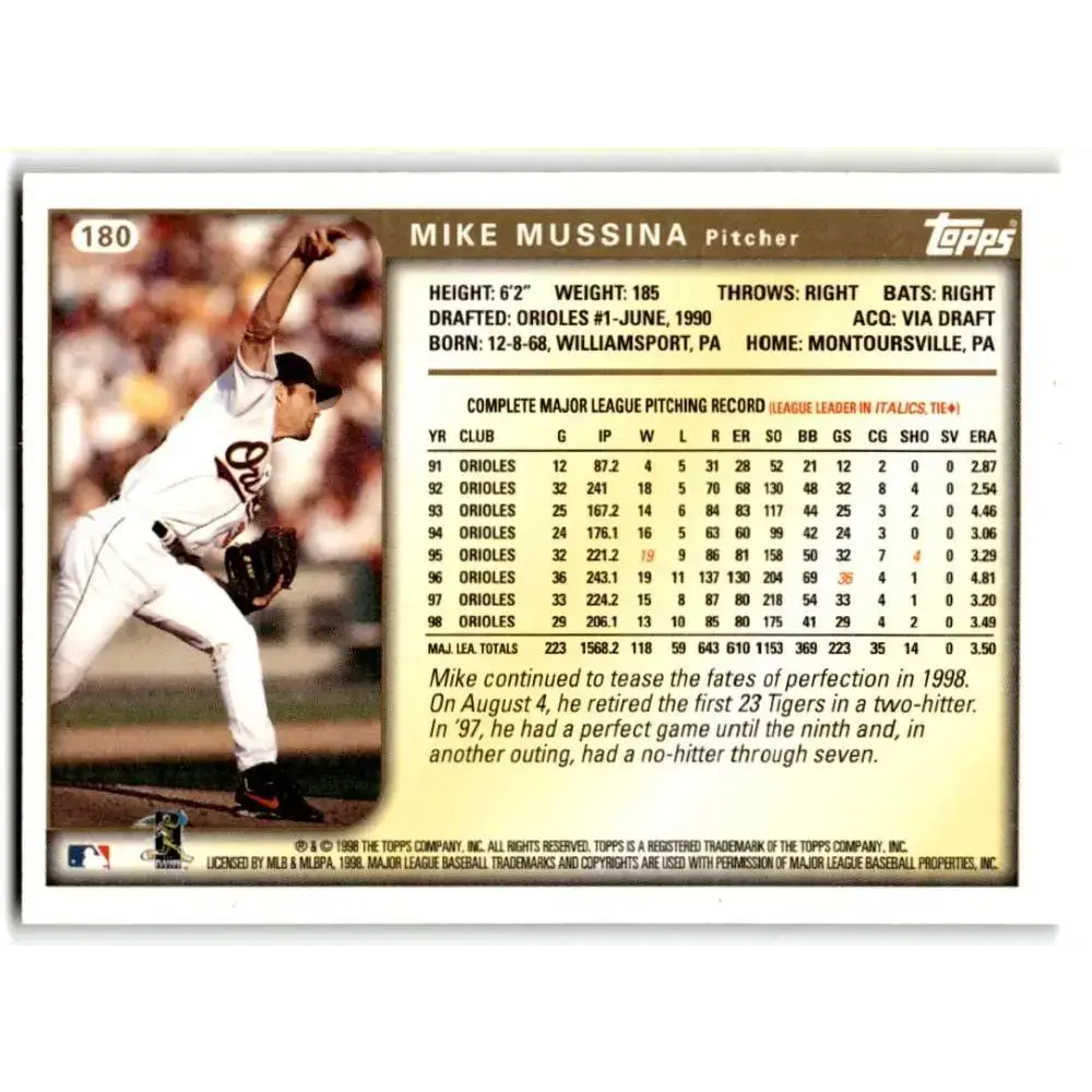 1999 Topps #180 Mike Mussina NM-MT Baltimore Orioles Baseball Card - Baseball Card Single