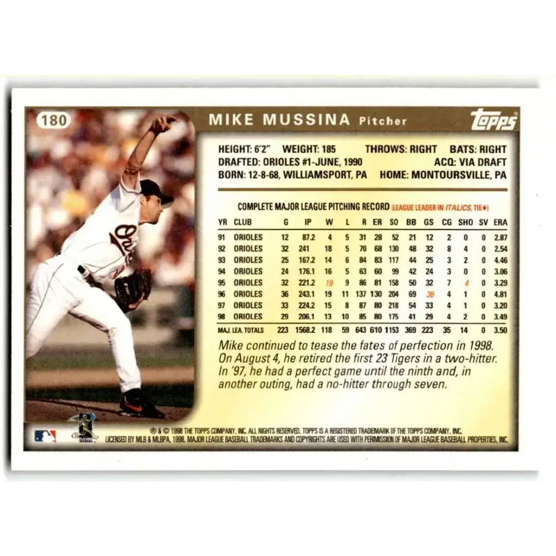 1999 Topps #180 Mike Mussina NM-MT Baltimore Orioles Baseball Card - Baseball Card Single