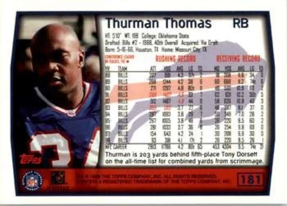1999 Topps #181 Thurman Thomas EX Excellent Buffalo Bills Football Card - Football Card Single